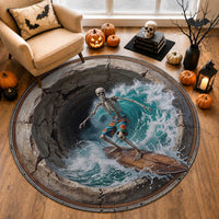 3D Illusion Surfing Skeleton Halloween Round Carpet Surfboard Bones Ocean Wave Stone Well