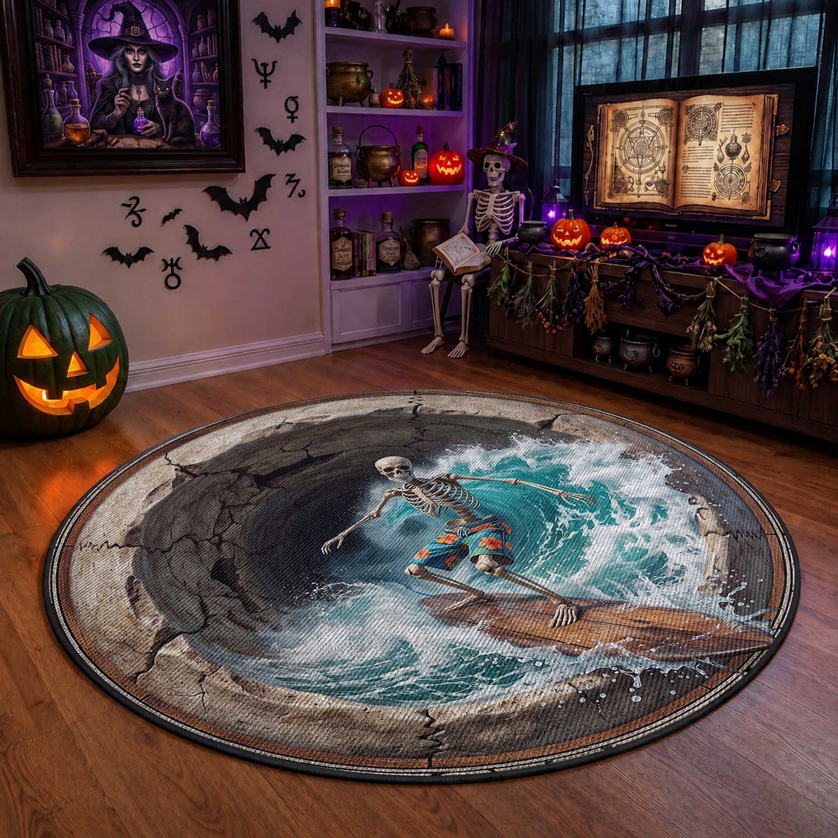 3D Illusion Surfing Skeleton Halloween Round Carpet Surfboard Bones Ocean Wave Stone Well