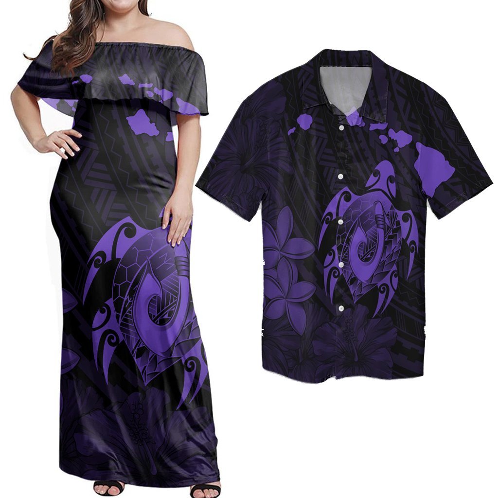 Polynesian Couple Outfits Matching Dress and Hawaiian Shirt Hawaii Map Turtle Plumeria Hibiscus Fish Hook Polynesian Purple RLT14 No Dress - Polynesian Pride