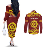 Personalised Tonga High School Couples Matching Off The Shoulder Long Sleeve Dress and Long Sleeve Button Shirt Happy 77 Years Anniversary LT14 - Polynesian Pride