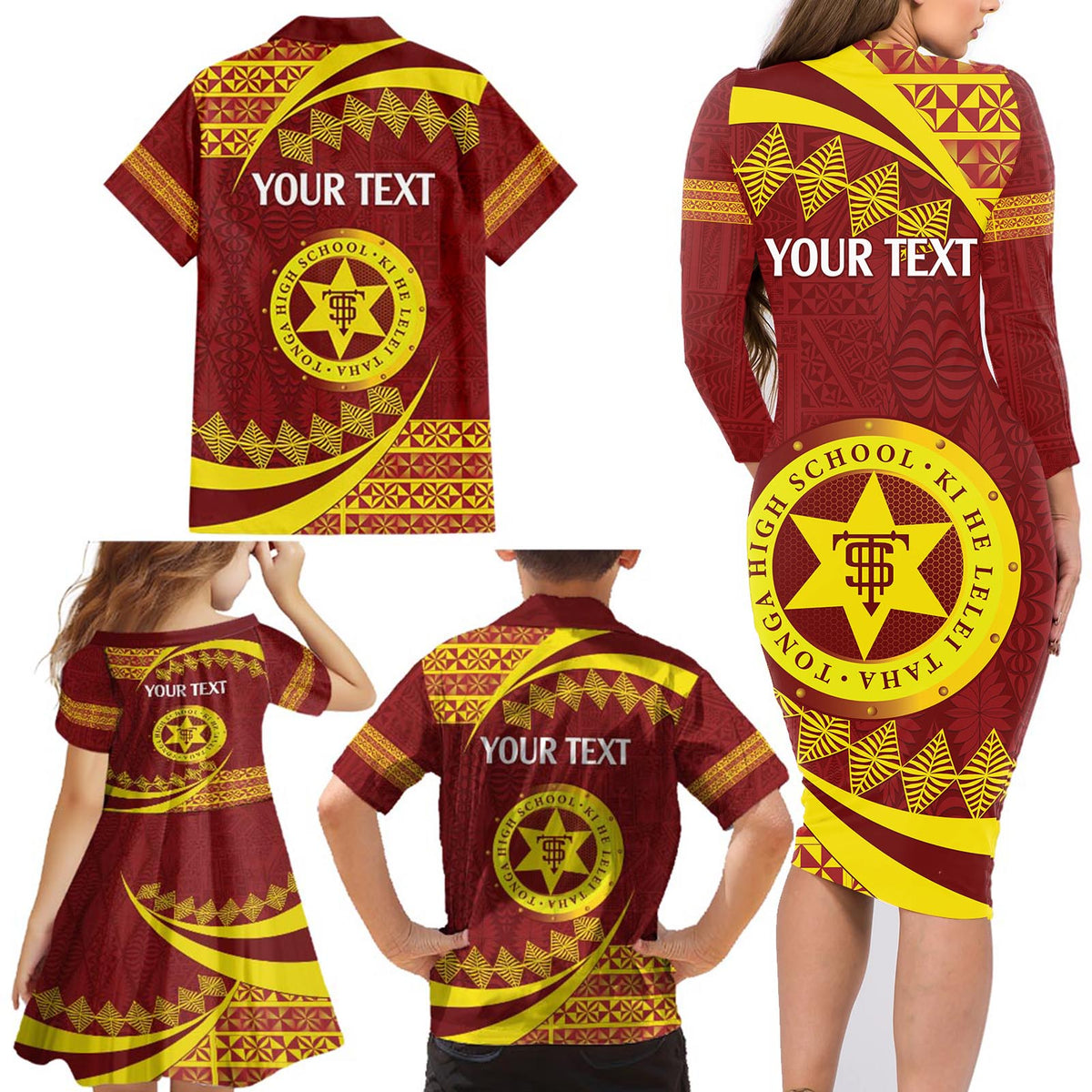 Personalised Tonga High School Family Matching Long Sleeve Bodycon Dress and Hawaiian Shirt Happy 77 Years Anniversary LT14 - Polynesian Pride