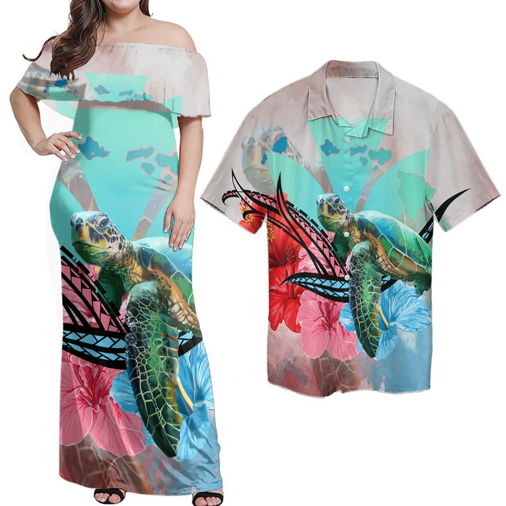 Matching Dress and Hawaiian Shirt Hawaii Map Kanaka Sea Turtle Hibiscus Blue Pink RLT14 No Dress - Polynesian Pride