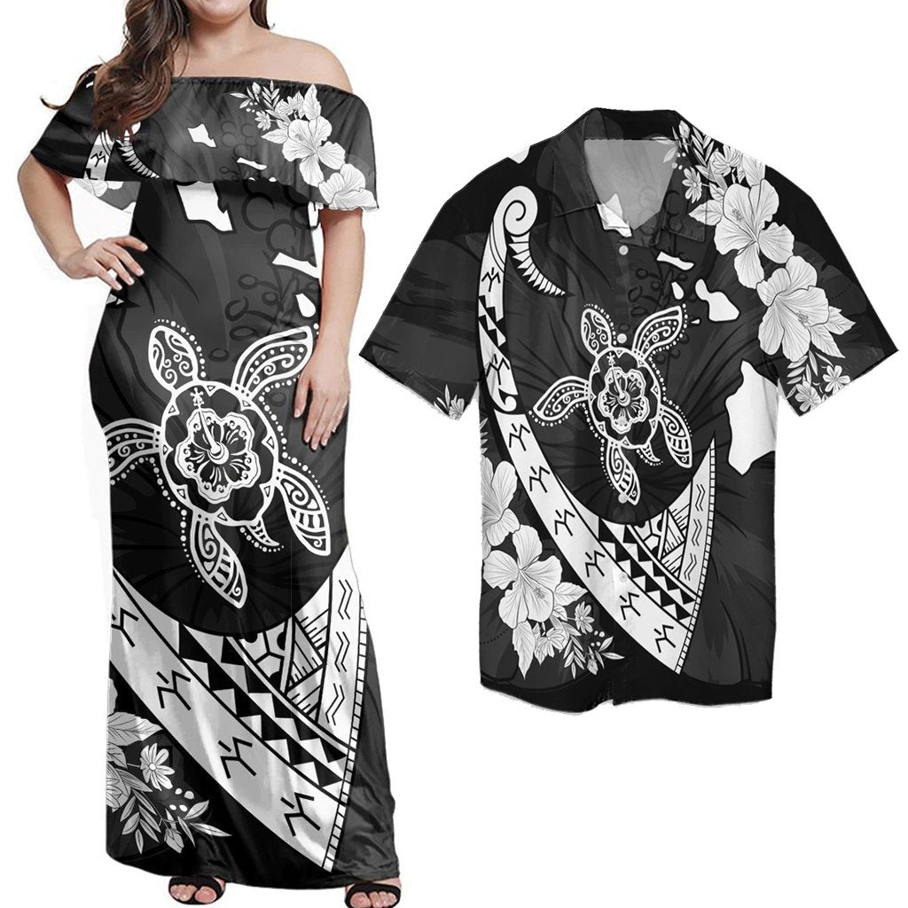 Hawaii Couple Outfits Matching Dress and Hawaiian Shirt Hawaii Map Hibiscus Turtle Fish Hook Polynesian RLT14 No Dress - Polynesian Pride