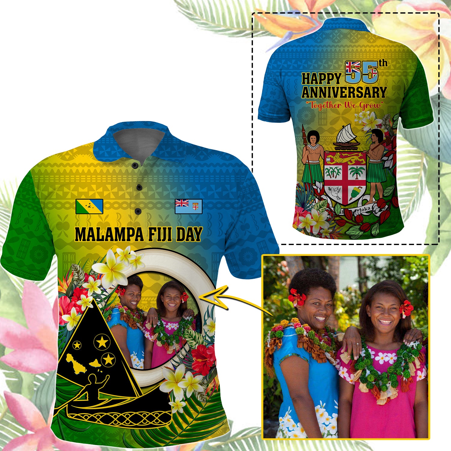 Custom Photo Malampa Fiji Day Polo Shirt Together We Grow Coat Of Arms Tropical Flowers CTM14