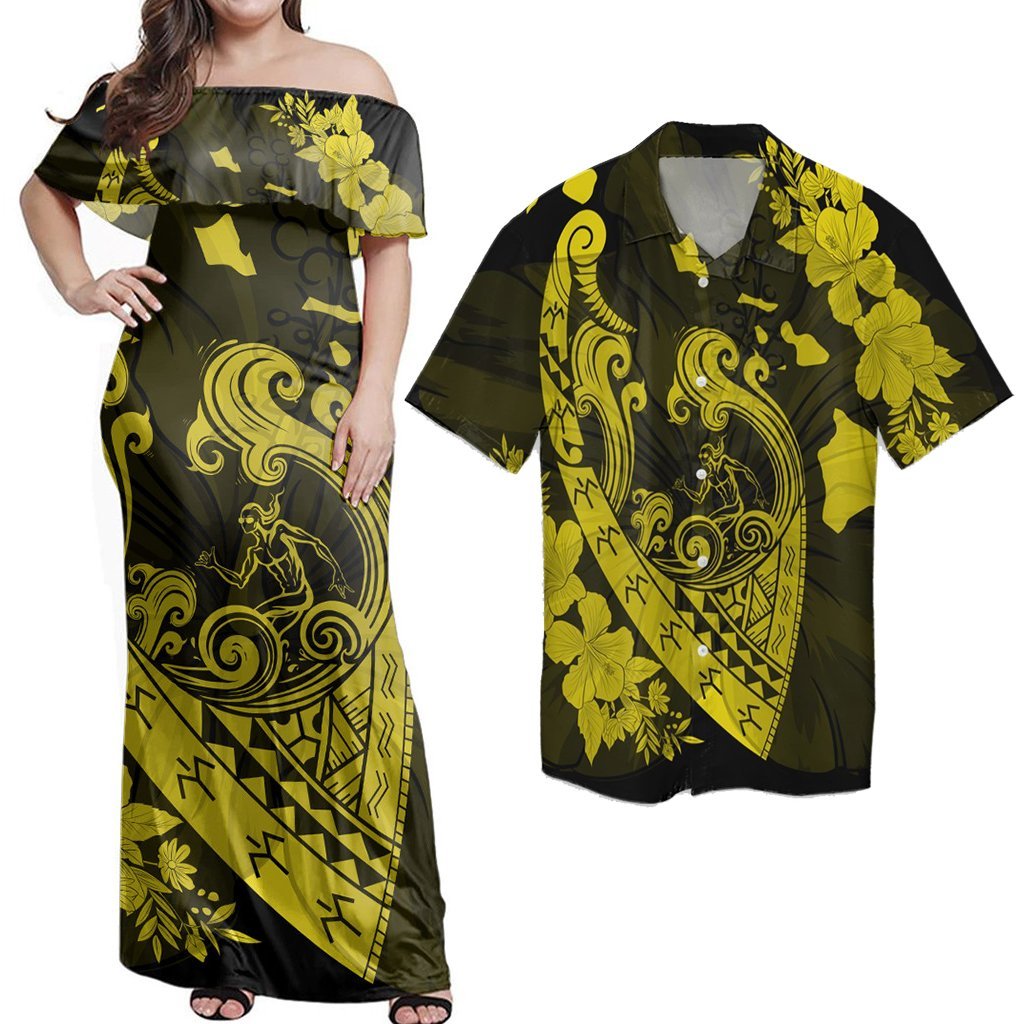Polynesian Couple Outfits Matching Dress and Hawaiian Shirt Hawaii Fish Hook Hibiscus Banzai Surfing Polynesian Yellow RLT14 No Dress - Polynesian Pride
