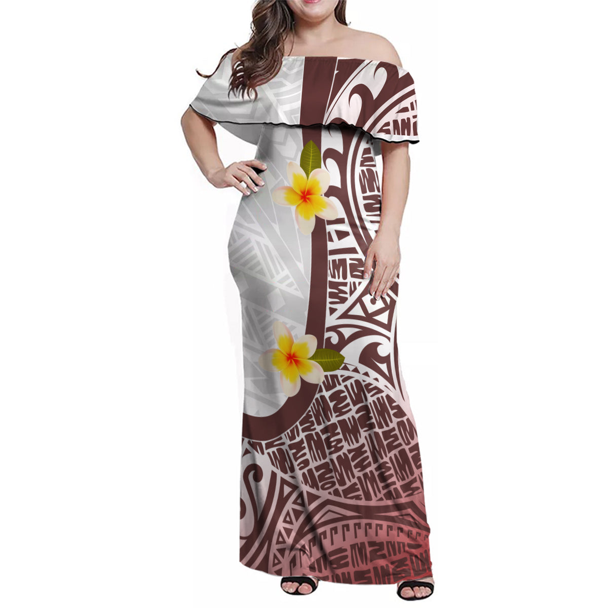 Polynesian Matching Clothes For Family Polynesian Tribal Plumeria Flowers Off Shoulder Long Sleeve Dress And Shirt - Polynesian Pride