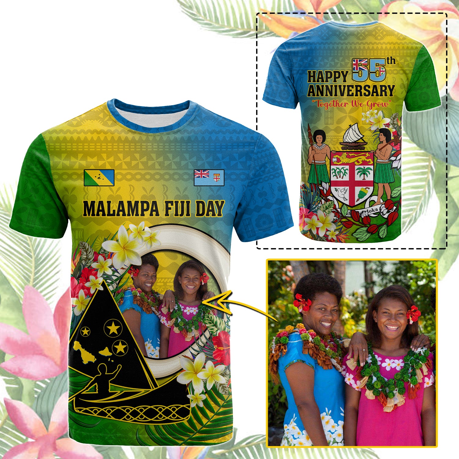 Custom Photo Malampa Fiji Day T Shirt Together We Grow Coat Of Arms Tropical Flowers CTM14