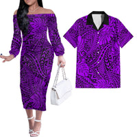 Hawaii Couples Matching Off Shoulder Long Sleeve Dress and Hawaiian Shirt Purple Polynesian Tribal Art LT14 Purple - Polynesian Pride