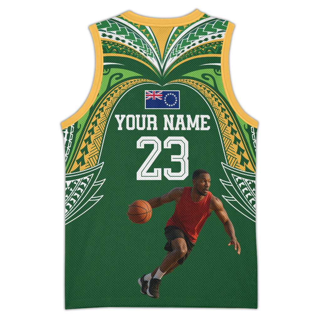 Custom Photo Cook Islands Basketball Jersey Tatau Tribal Motifs Green Color CTM03 - Polynesian Pride