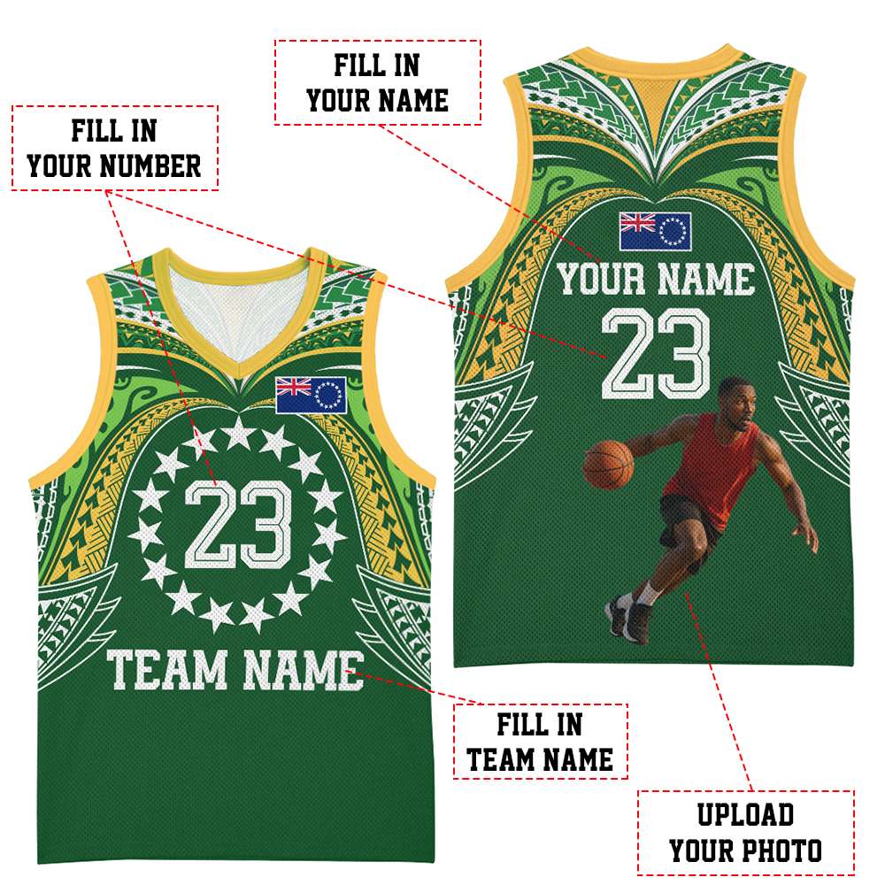 Custom Photo Cook Islands Basketball Jersey Tatau Tribal Motifs Green Color CTM03 - Polynesian Pride