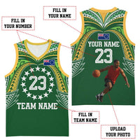 Custom Photo Cook Islands Basketball Jersey Tatau Tribal Motifs Green Color CTM03 - Polynesian Pride