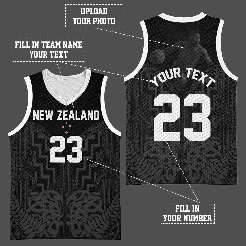 Custom Photo New Zealand Basketball Jersey Maori Moko Tribal Motifs CTM03 - Polynesian Pride