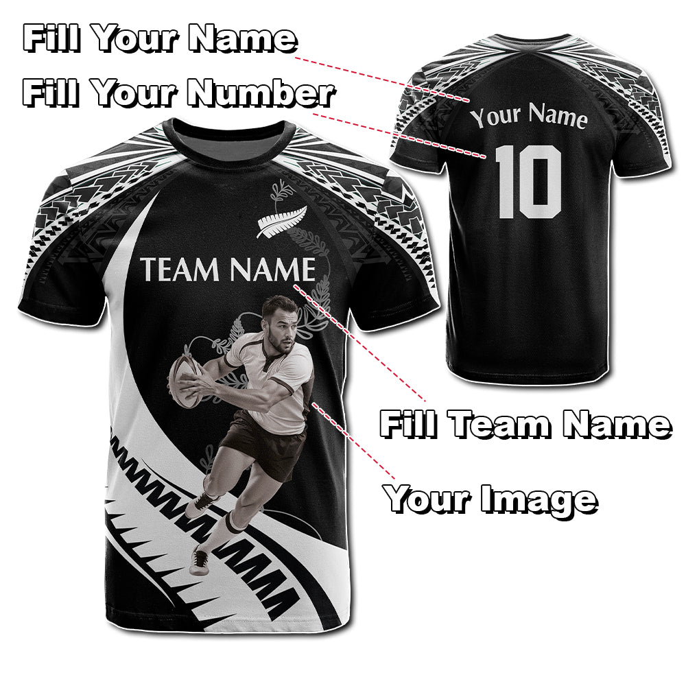 Custom Photo New Zealand Rugby-Aotearoa T Shirt Armour Blacks Silver Ferns