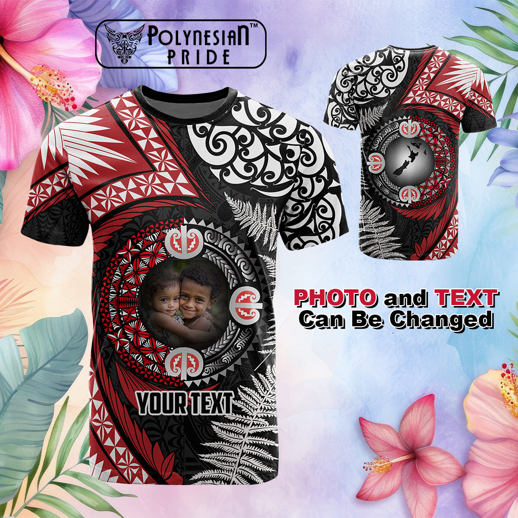 Custom Photo Tonga and New Zealand Together T Shirt Ngatu Art Tribal Maori Tattoo and Silver Fern CTM03 Multicolor - Polynesian Pride