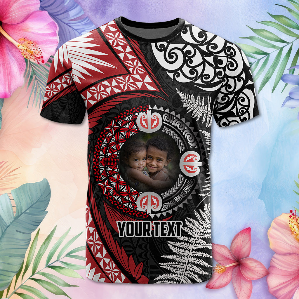 Custom Photo Tonga and New Zealand Together T Shirt Ngatu Art Tribal Maori Tattoo and Silver Fern CTM03 - Polynesian Pride