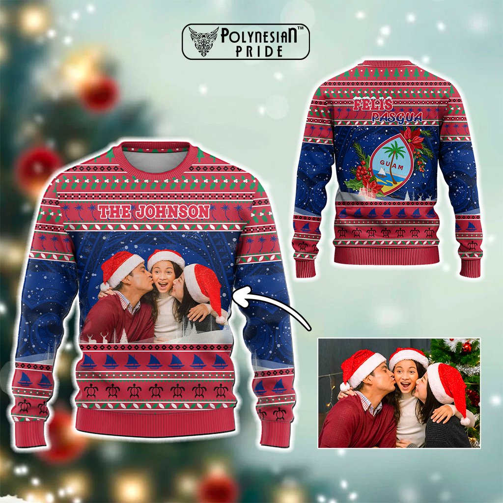 Custom Photo Guam Christmas Knitted Sweatshirt Guaman Seal Poinsettia Felis Pasgua CTM05 Blue - Polynesian Pride