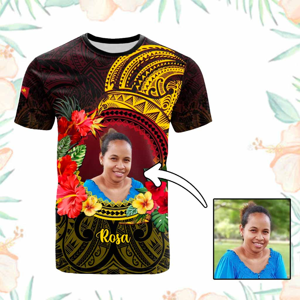 Custom Photo Papua New Guinea T Shirt Coat Of Arms Tropical Flowers Polynesian Pattern CTM05