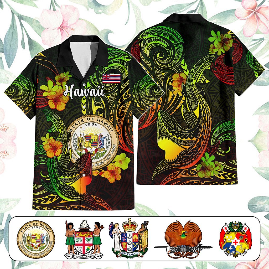 Custom Polynesian Countries Hawaiian Shirt Coat Of Arms Polynesian Tribal Tattoo Shark CTM05 Black - Polynesian Pride