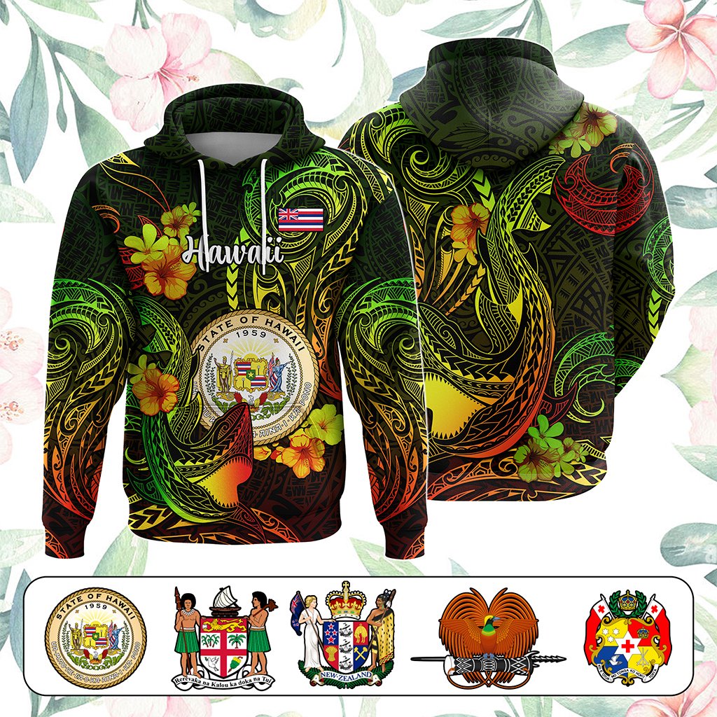 Custom Polynesian Countries Hoodie Coat Of Arms Polynesian Tribal Tattoo Shark