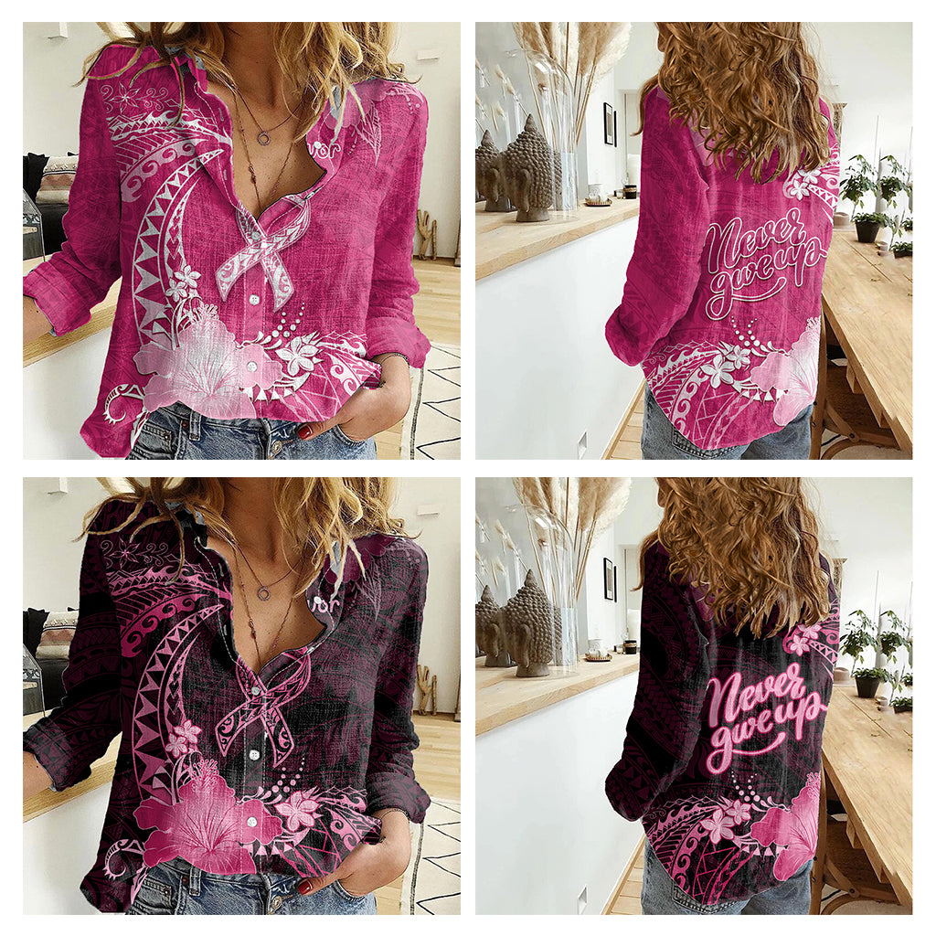 Custom Cancer Awareness Women Casual Shirt Never Give Up Polynesian Ribbon