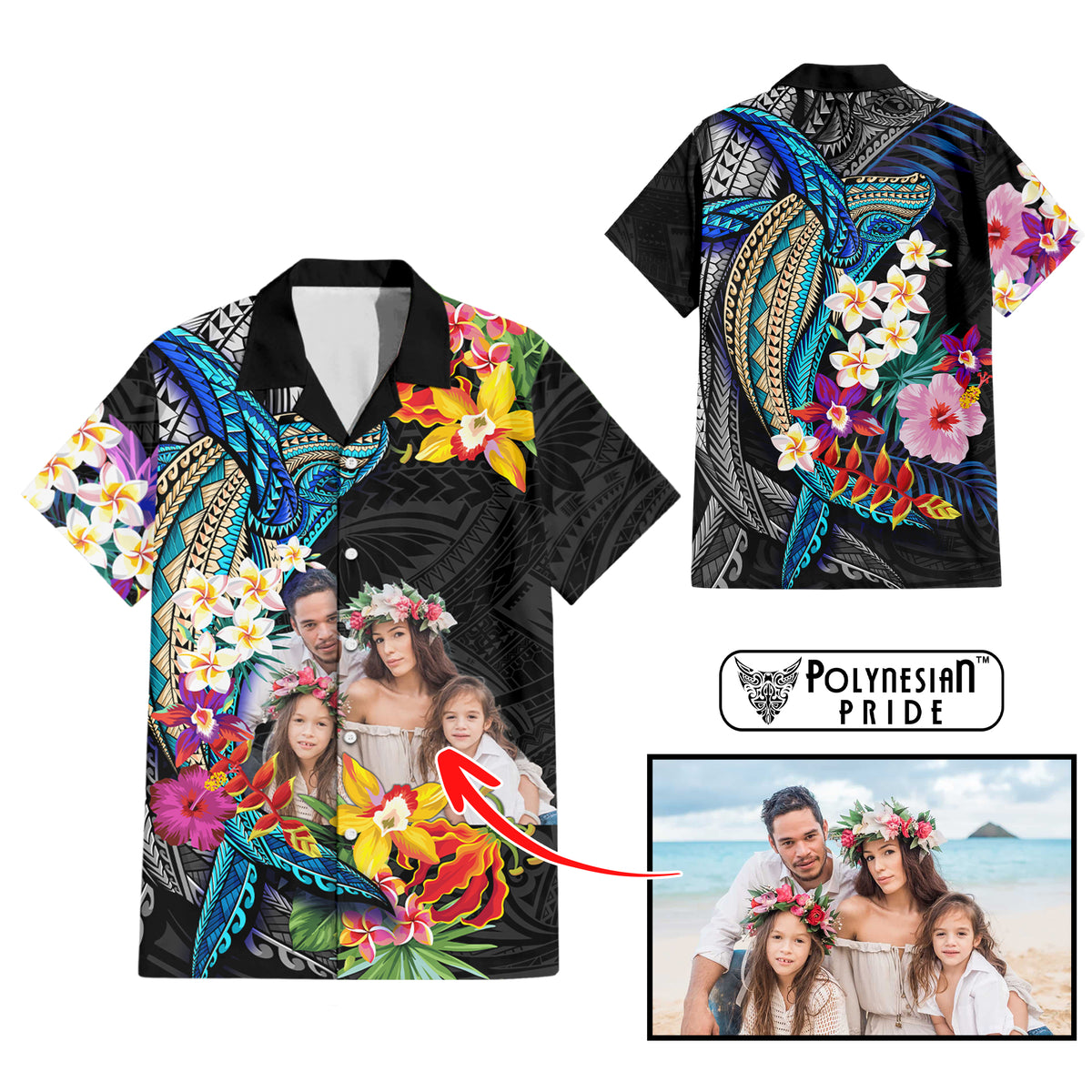 Custom Photo Polynesian Shark Tattoo Hawaiian Shirt Beauty Pacific Flowers - Polynesian Pride