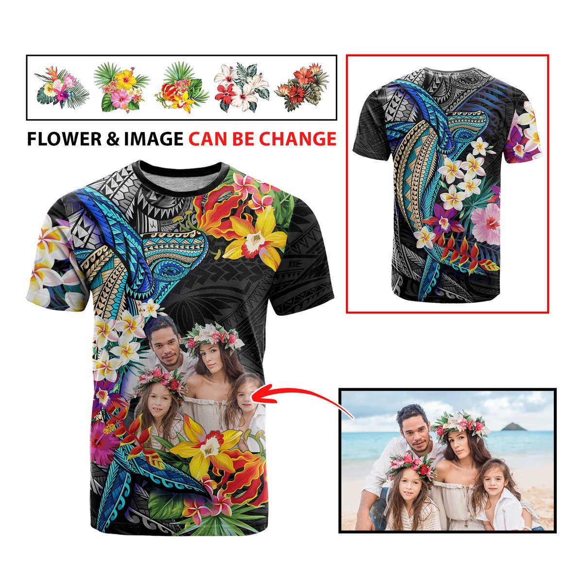 Custom Photo Polynesian Shark Tattoo T Shirt Beauty Pacific Flowers CTM09 - Polynesian Pride