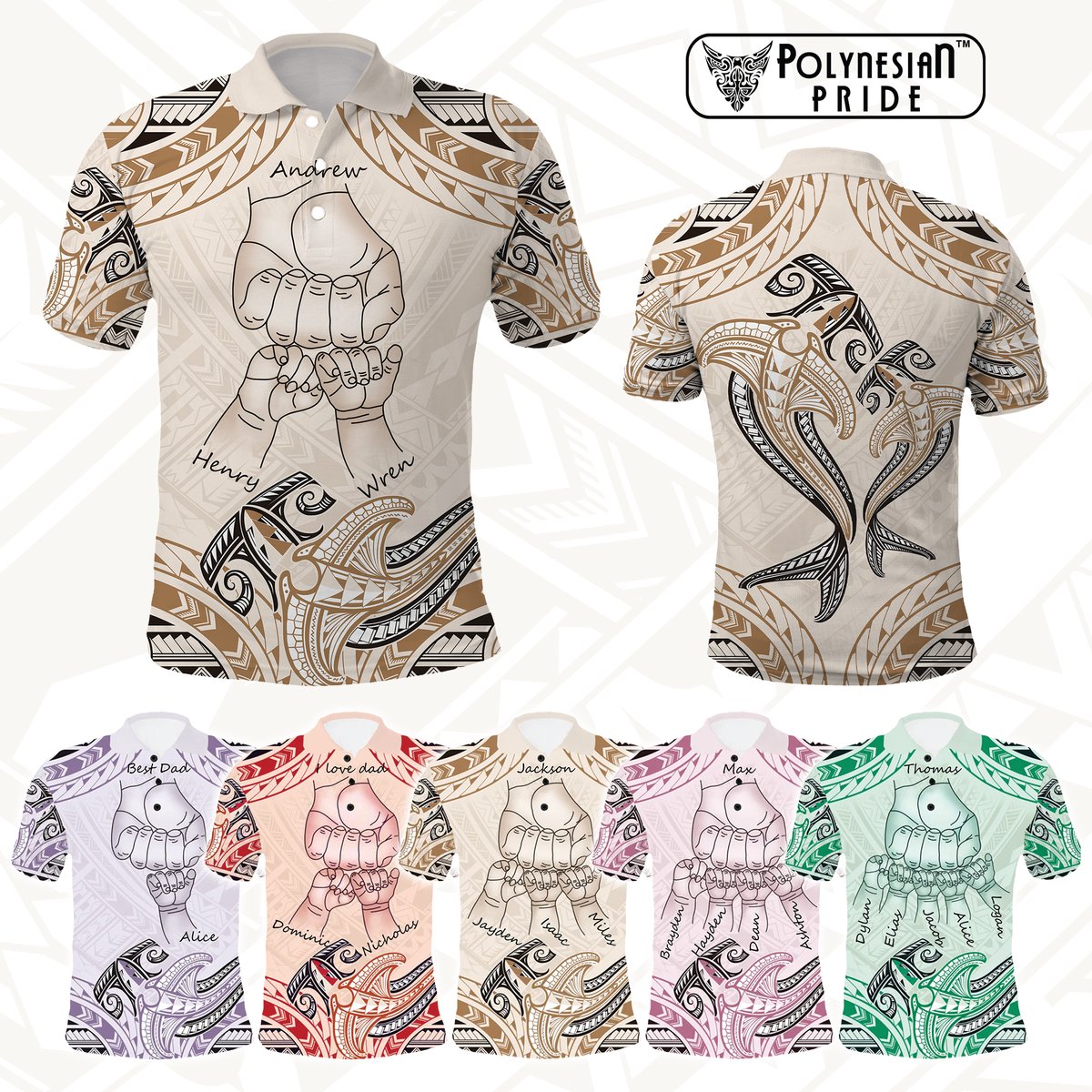 Custom Fist Bump Father's Day Sign Polo Shirt Polynesian Shark Tribal Tattoo CTM09 Multicolor - Polynesian Pride