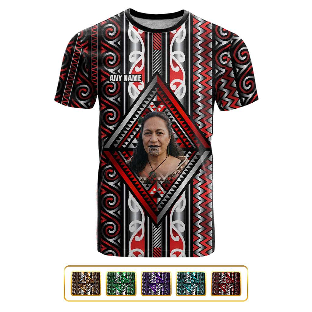 Personalised Aotearoa Iwi Photo Name T shirt Traditional Maori Taniko Kowhaiwhai Pattern CTM09 Multicolor - Polynesian Pride