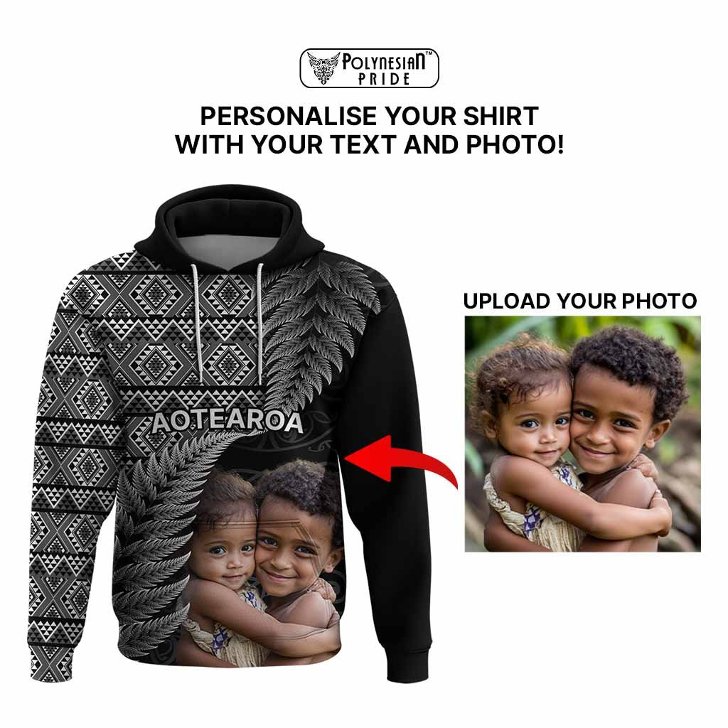 Custom Upload Image Aotearoa Silver Fern Hoodie Black Taniko Motif