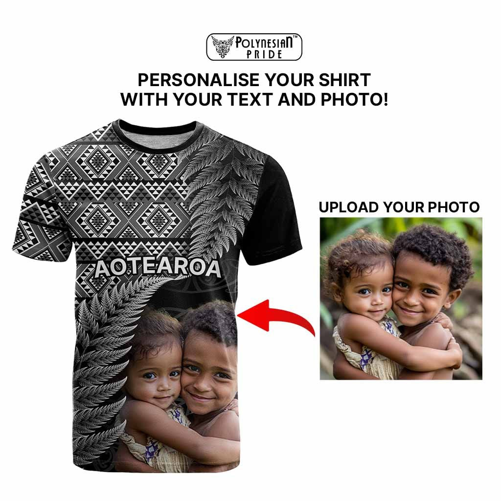 Custom Upload Image Aotearoa Silver Fern T Shirt Black Taniko Motif