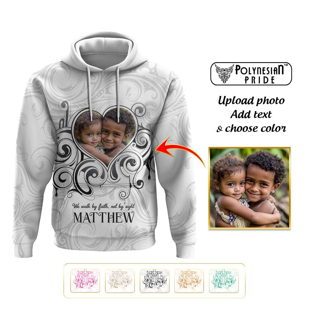 Custom Photo Name Polynesian White Sunday Hoodie Tribal Art Heart with Cross