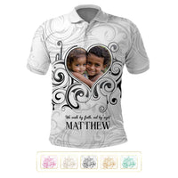 Custom Photo Name Polynesian White Sunday Polo Shirt Tribal Art Heart with Cross