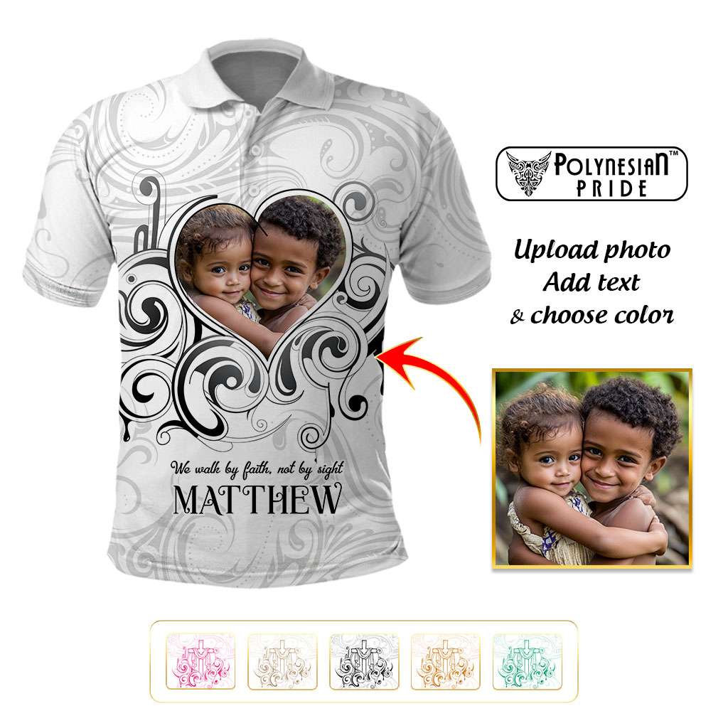 Custom Photo Name Polynesian White Sunday Polo Shirt Tribal Art Heart with Cross