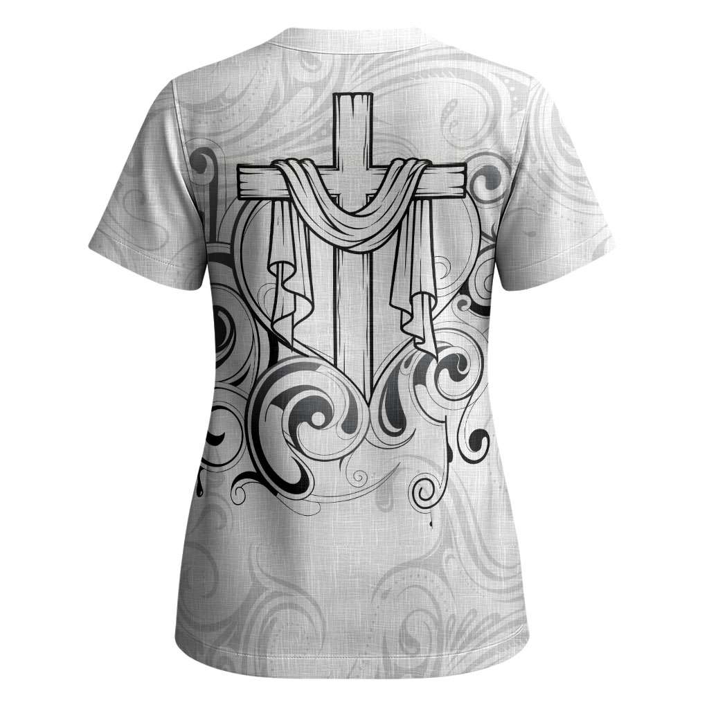 Custom Photo Name Polynesian White Sunday Scrub Top Tribal Art Heart with Cross