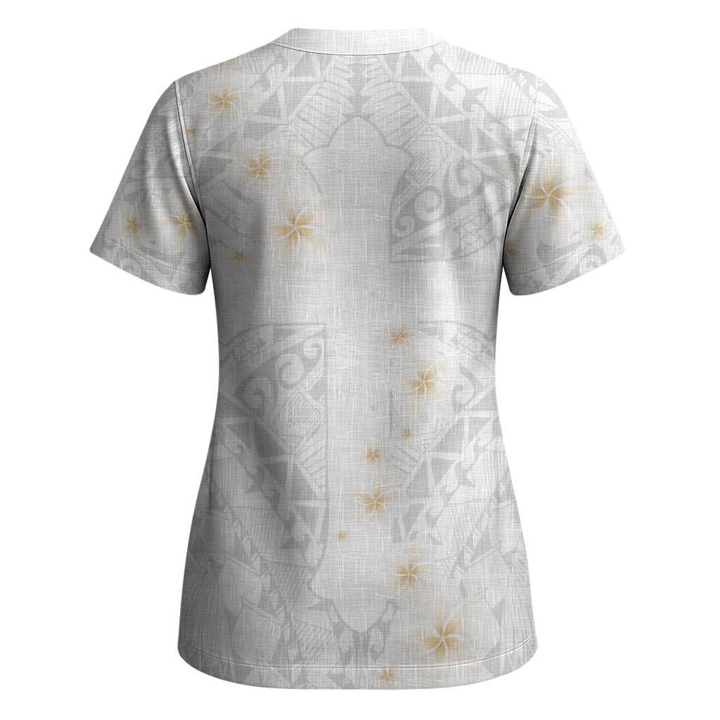 Christian Cross Floral Personalized Text Scrub Top Polynesian Plumeria Tribal Motif