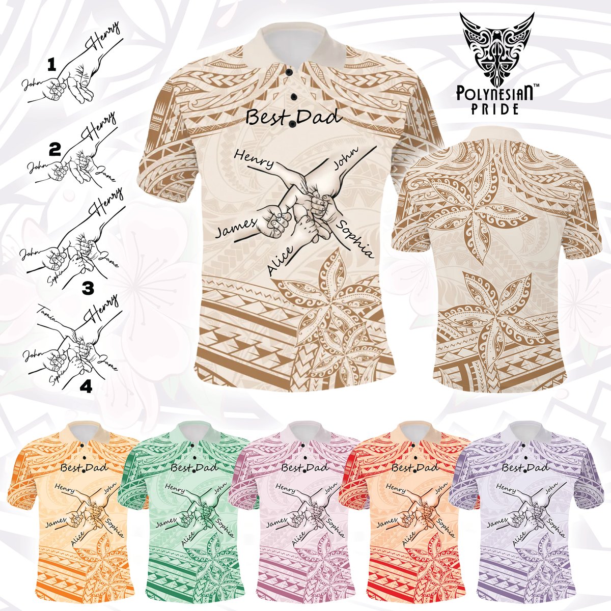 Custom Father's Day Fist Bump Dad and Baby Hands Holding Polo Shirt - Plumeria Floral Tribal Tattoo Unique CTM09 Multicolor - Polynesian Pride