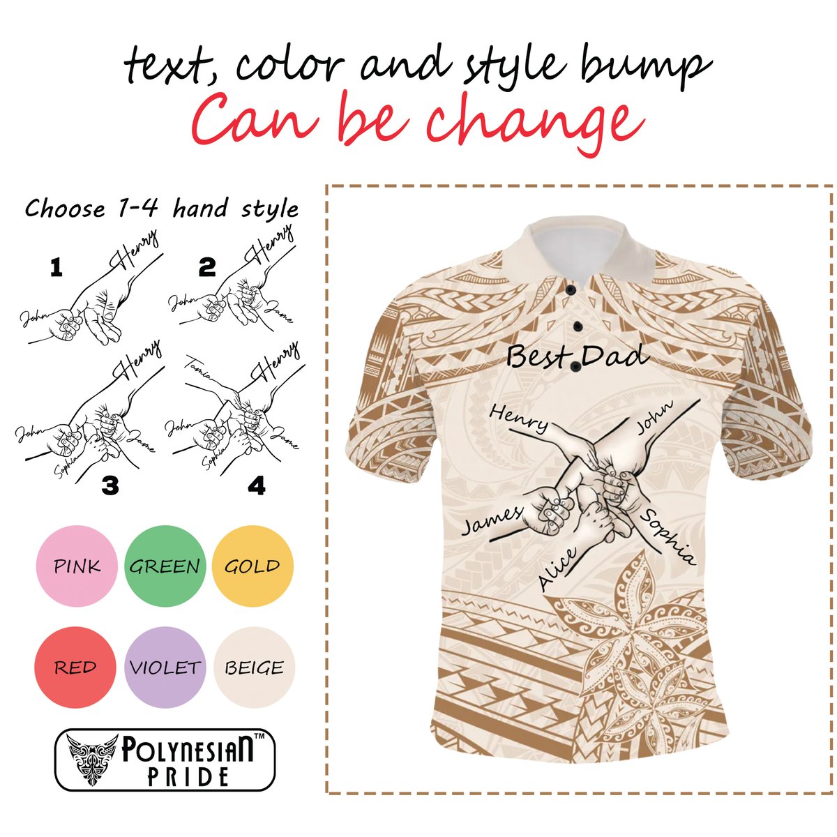 Custom Father's Day Fist Bump Dad and Baby Hands Holding Polo Shirt - Plumeria Floral Tribal Tattoo Unique CTM09 - Polynesian Pride