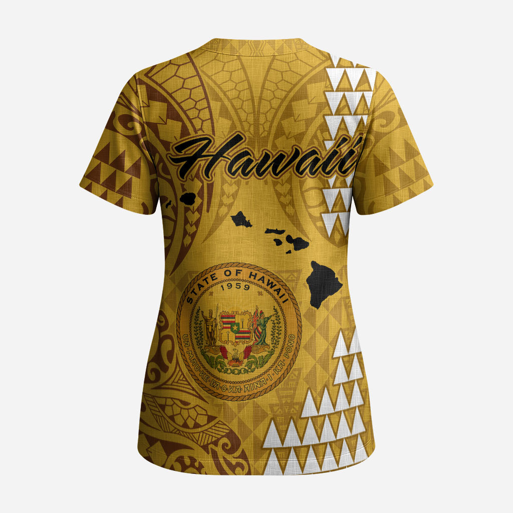 Custom Photo Hawaii Scrub Top Kakau Mixed Polynesian Tribal