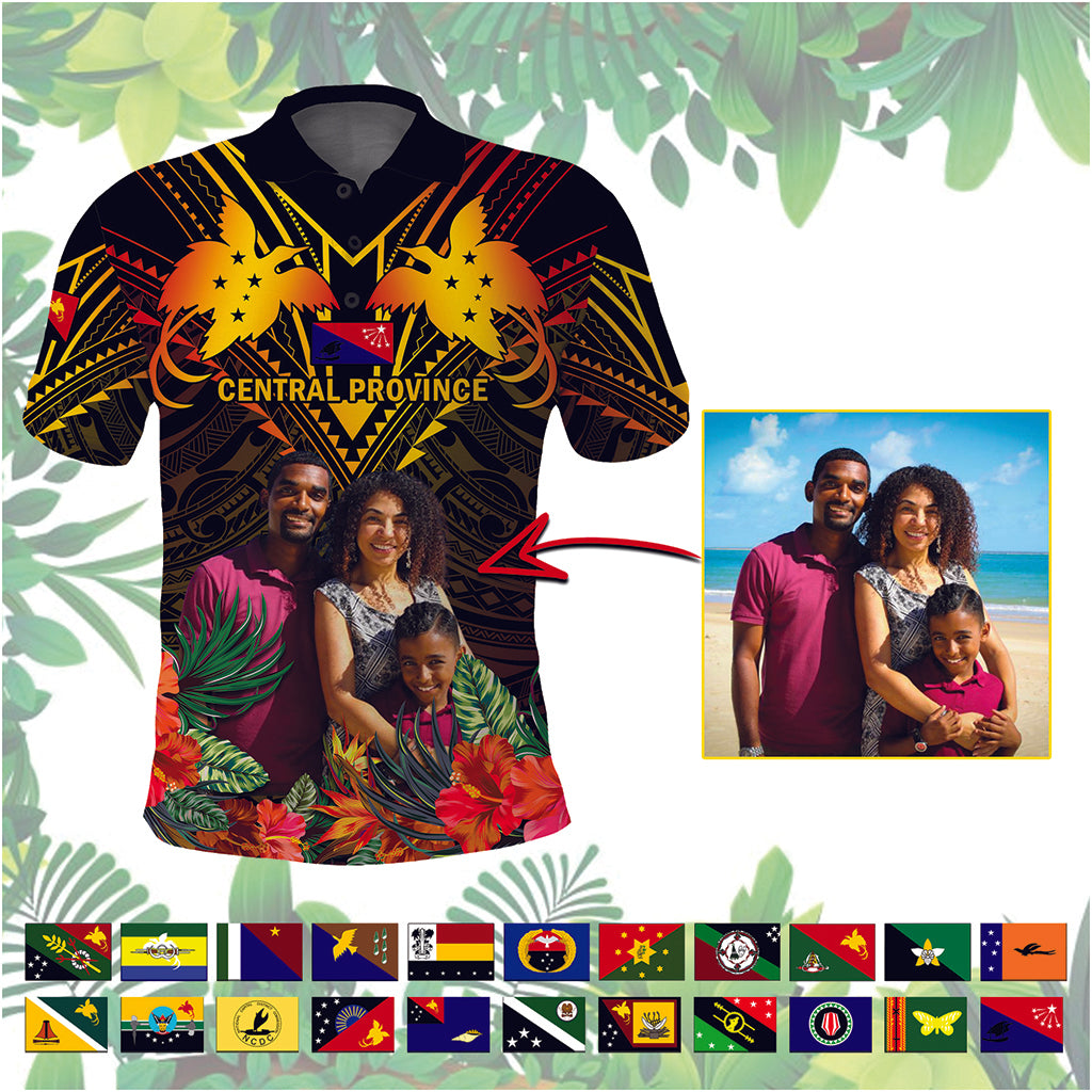 Custom Photo Papua New Guinea Provinces Polo Shirt Flag With Polynesian Tropical Flowers - Polynesian Pride
