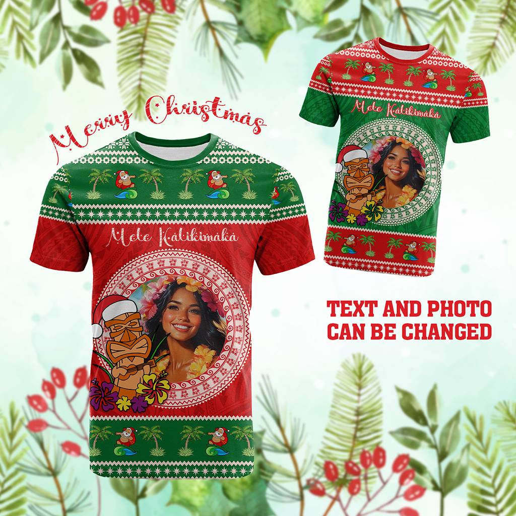Custom Photo Aloha Hawaii Christmas T Shirt Tiki Santa Mele Kalikimaka CTM14 - Polynesian Pride