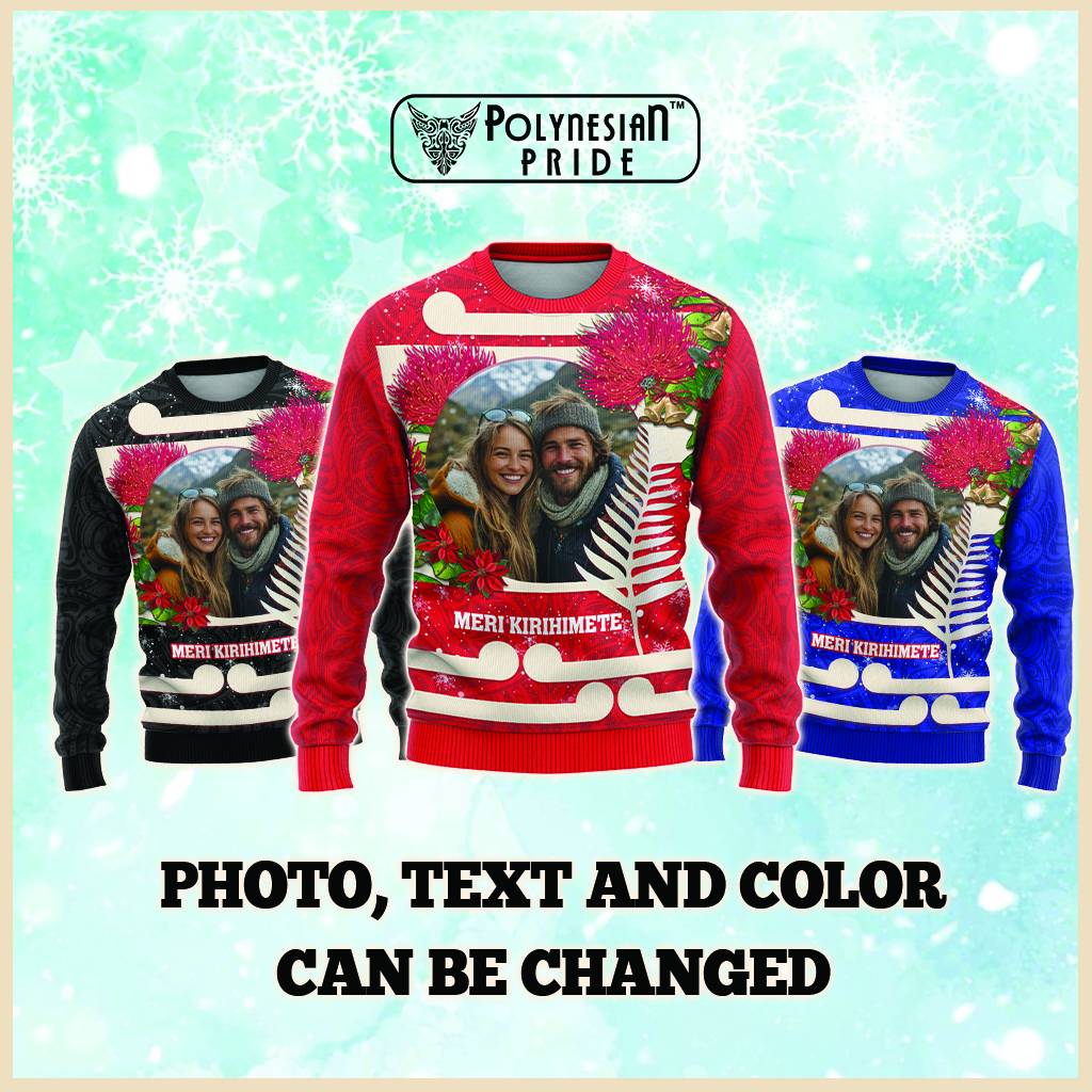 Custom Photo Kia Ora New Zealand Knitted Sweatshirt Pohotukawa Kiwi Santa Meri Kirihimete CTM14 - Polynesian Pride
