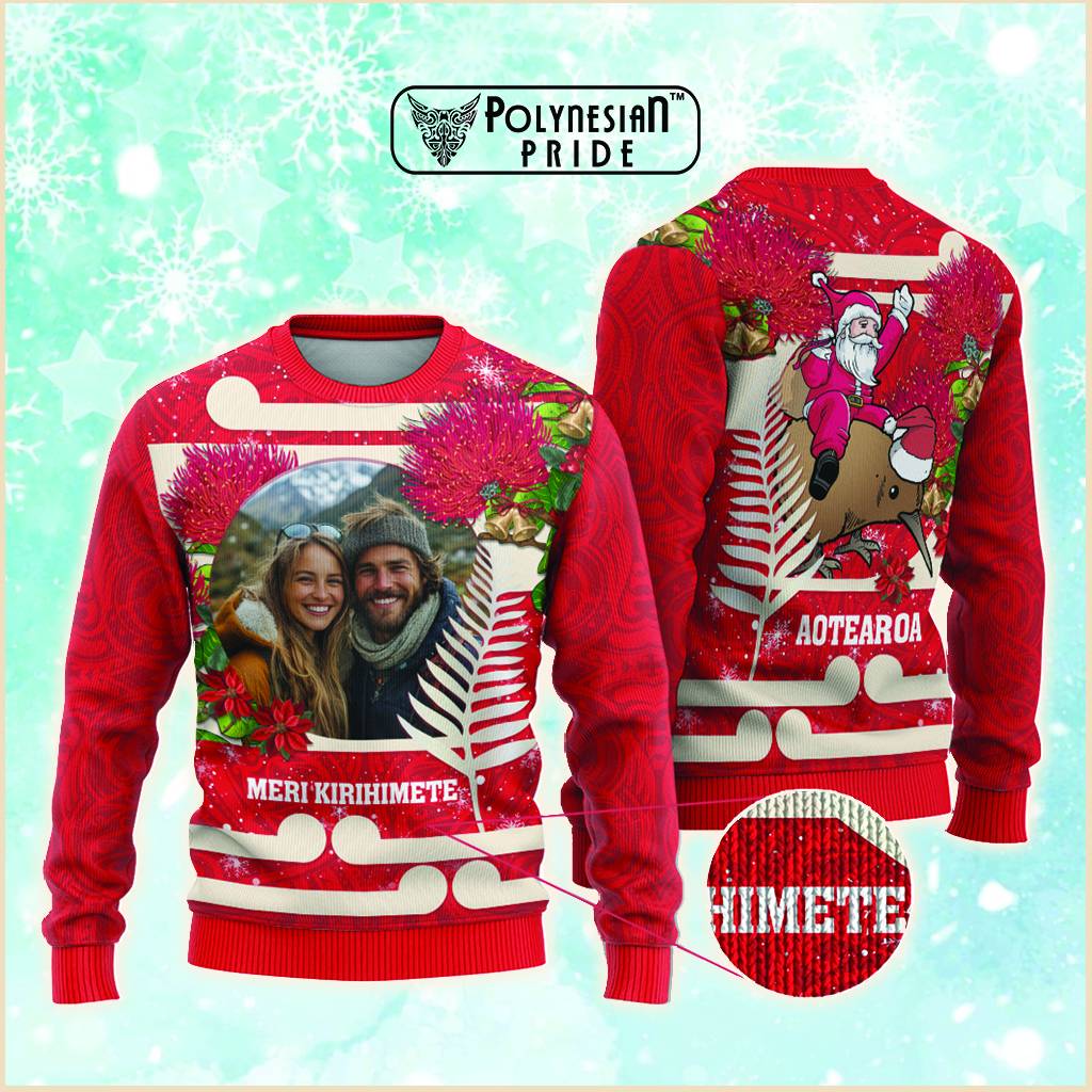 Custom Photo Kia Ora New Zealand Knitted Sweatshirt Pohotukawa Kiwi Santa Meri Kirihimete CTM14 - Polynesian Pride