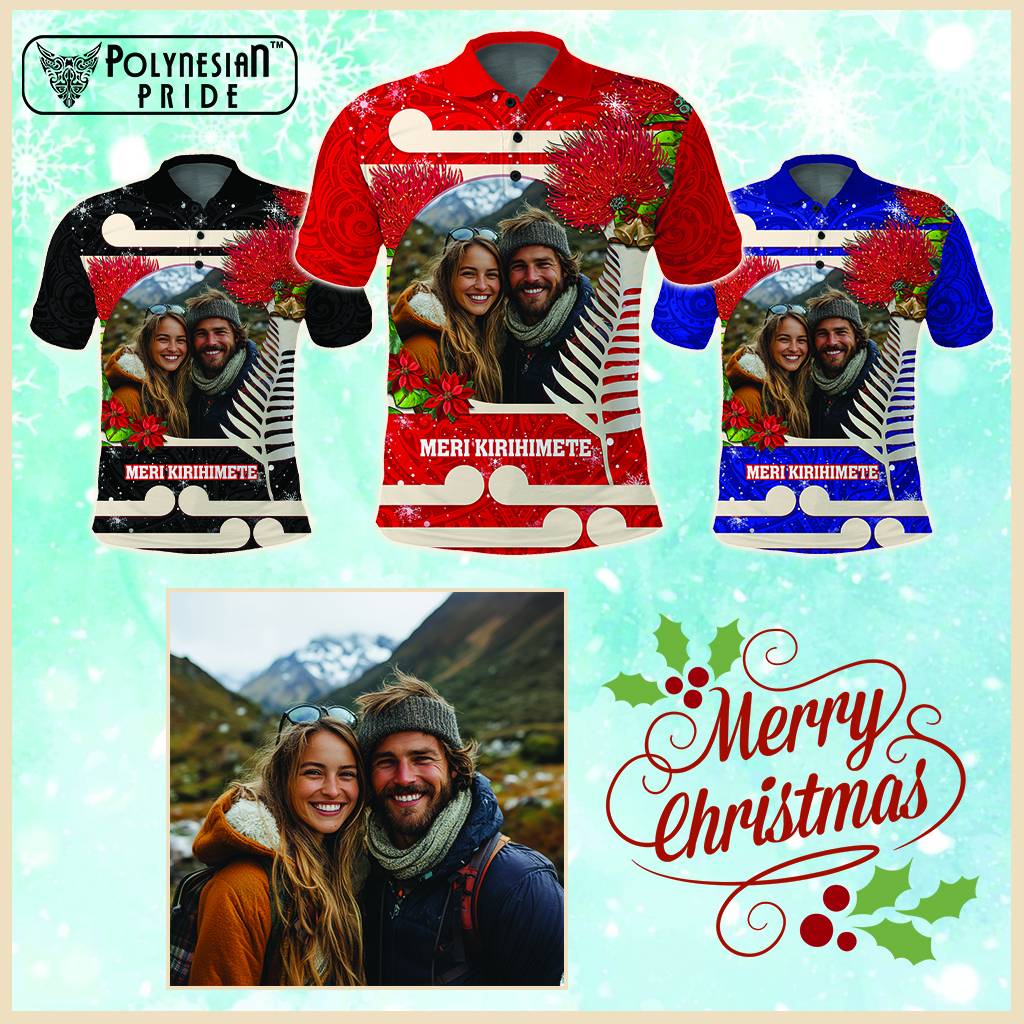 Custom Photo Kia Ora New Zealand Polo Shirt Pohutukawa Kiwi Santa Meri Kirihimete CTM14 Multicolor - Polynesian Pride