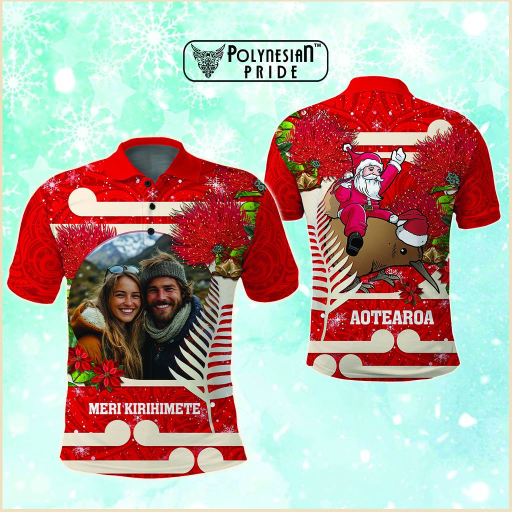 Custom Photo Kia Ora New Zealand Polo Shirt Pohutukawa Kiwi Santa Meri Kirihimete CTM14 - Polynesian Pride