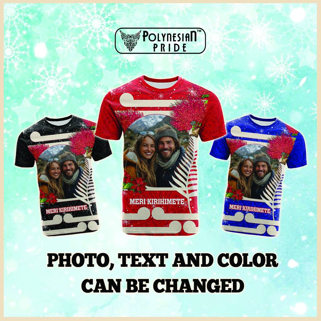 Custom Photo Kia Ora New Zealand T Shirt Pohutukawa Kiwi Santa Meri Kirihimete CTM14 - Polynesian Pride