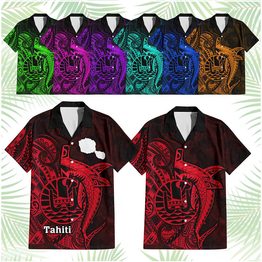 Custom French Polynesia Hawaiian Shirt Map Of Islands Flag Hibiscus With Polynesian Shark Tattoo CTM14 - Polynesian Pride
