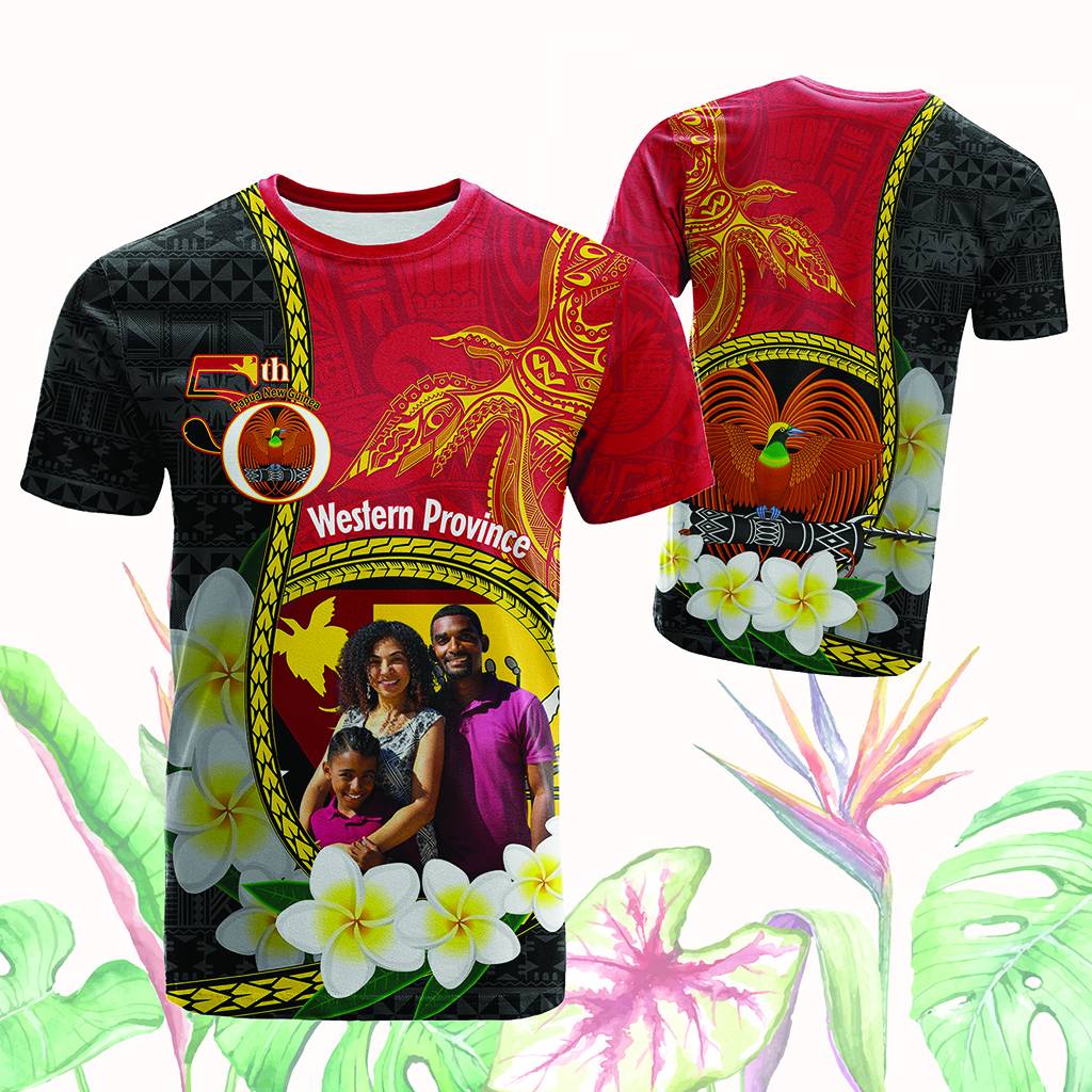 Custom Photo Papua New Guinea Provinces T Shirt Flag With Polynesian Tropical Flowers