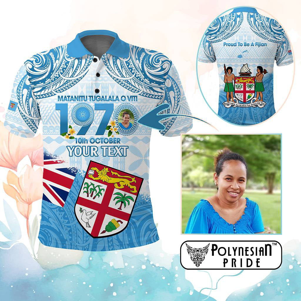 Custom Photo Fiji Day 1970 Polo Shirt Proud To Be A Fijian Tapa Pattern CTM14 Blue - Polynesian Pride