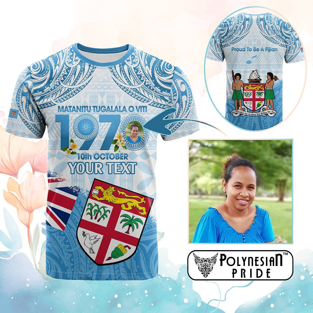 Custom Photo Fiji Day 1970 T Shirt Proud To Be A Fijian Tapa Pattern CTM14 Blue - Polynesian Pride