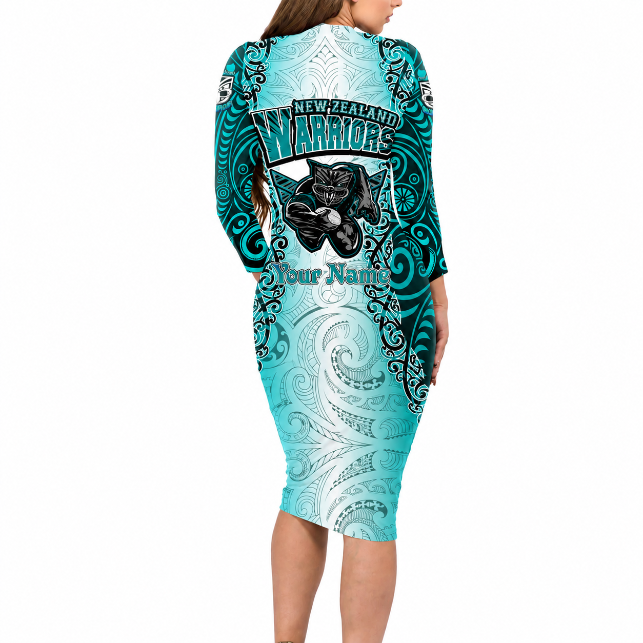 Personalised New Zealand Warriors Long Sleeve Bodycon Dress Maori Silver Fern Green RLT03 - Polynesian Pride